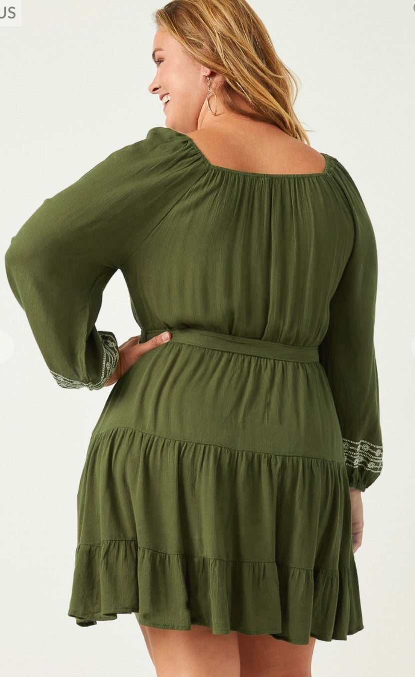 Plus Embroidered Square Neck and Cuff Belted Dress Olive