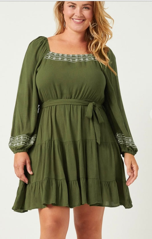 Plus Embroidered Square Neck and Cuff Belted Dress Olive